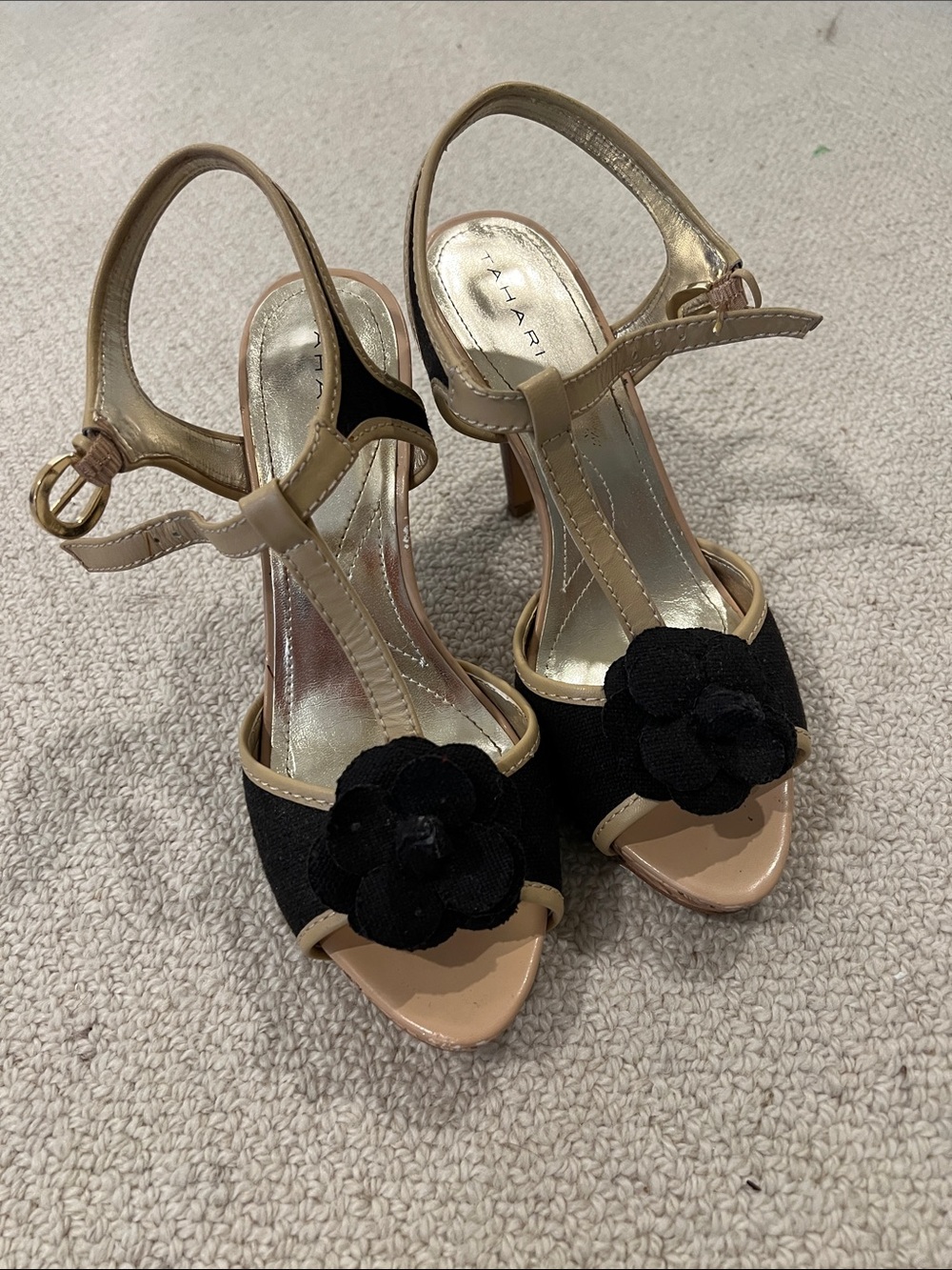 Tahari Black and Beige Floral T-Strap Heels